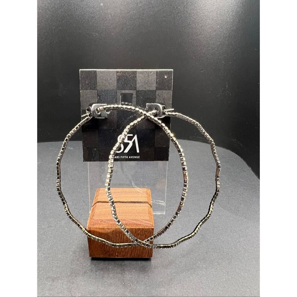 New Saks Fifth Avenue Gunmetal Gray Oversized Wavy Rhinestone Hoop Earrings